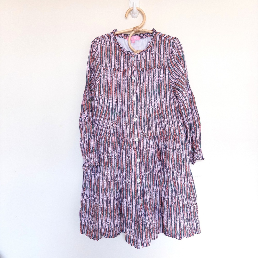 BISBY Dress Rust Orange Green Geometric Tiered Ruffle Long Sleeve Kids Size 8